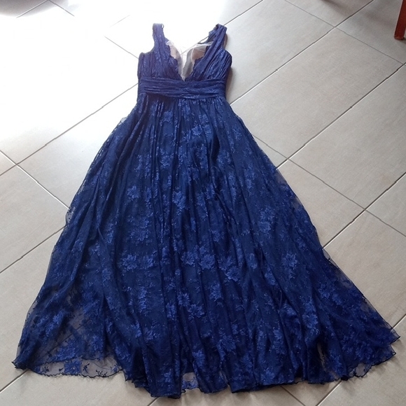 Elegant Navy Blue Lace Evening Gown - Picture 7 of 15